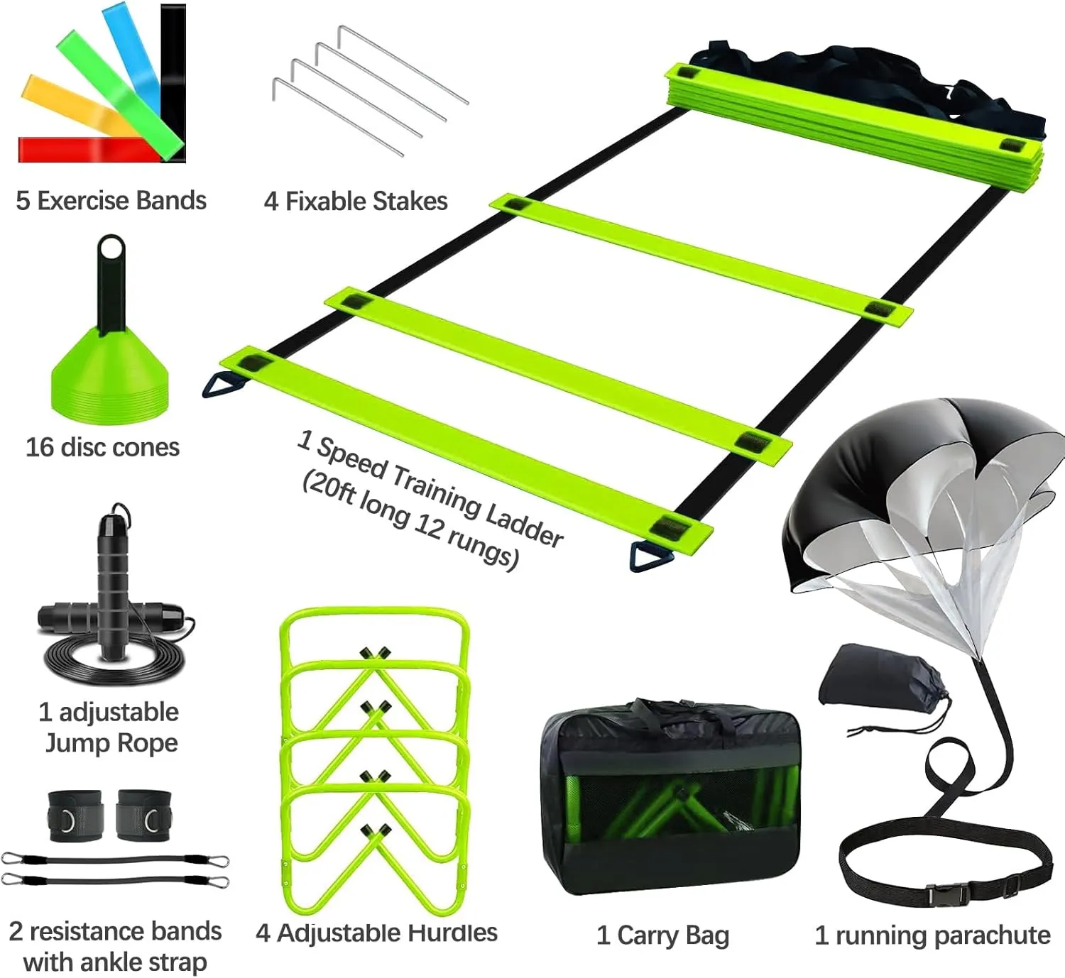 Agility Training Equipment, Football Training Equipment Includes 20FT Agility Ladder,4 Adjustable Agility Hurdles, 12 Football Cones, Parachute, for Training Soccer Basketball Athletes