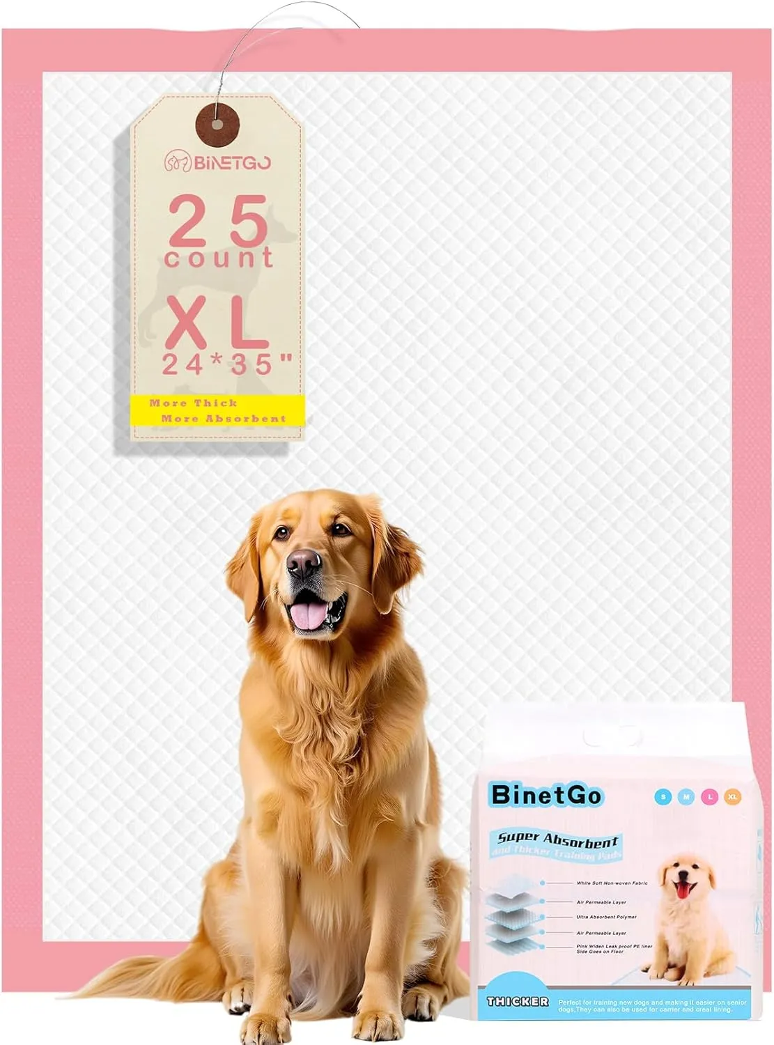 BinetGo Pink Disposable Pee Pads for Dogs, 25 Count 24 x 35.5 X-Large Wee Wee Pads for Dogs Urine, Extra Absorbent Unscented Puppy Pads, Pet Training Pad for Dog, Pink Doggy Pee Pads for Indoors