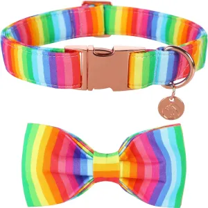 Cotton Dog Collar and Bow Rainbow Pet Collar, Pride Dog Collar Comfortable and Adjustable Dog Collar for Large Small Medium Dog