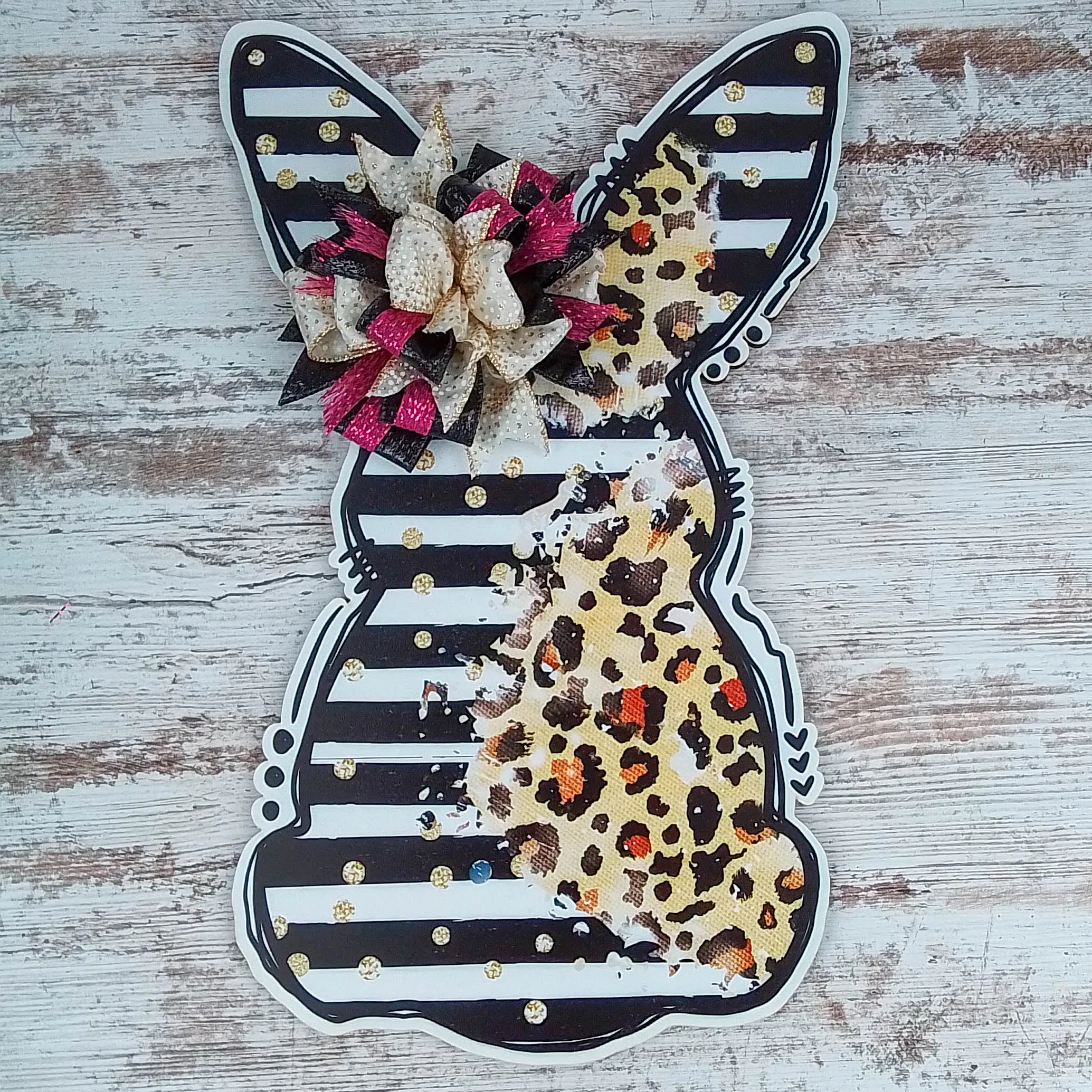 Easter Bunny Door Hanger, Striped Animal Print Decor, Oversized Bow Accent