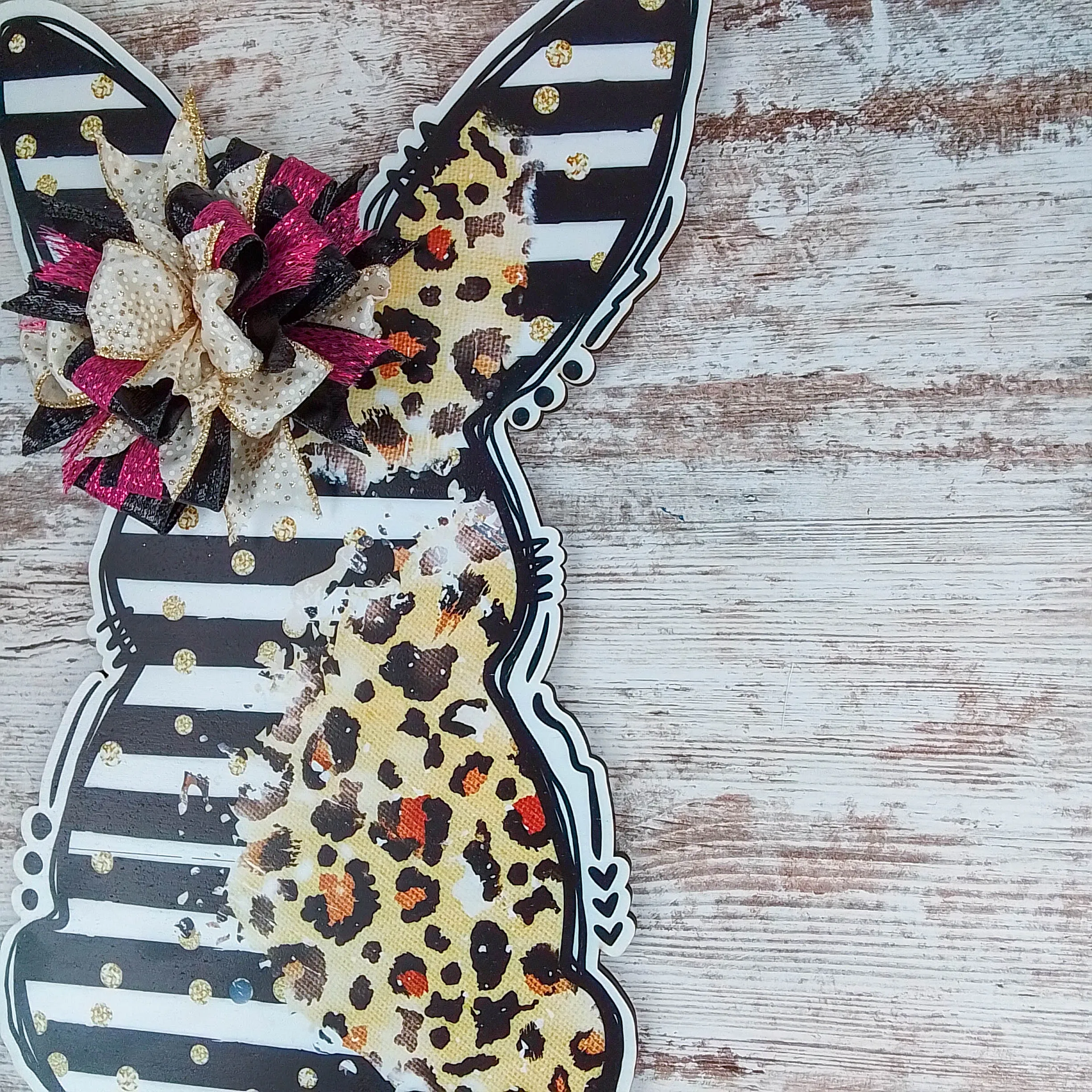 Easter Bunny Door Hanger, Striped Animal Print Decor, Oversized Bow Accent