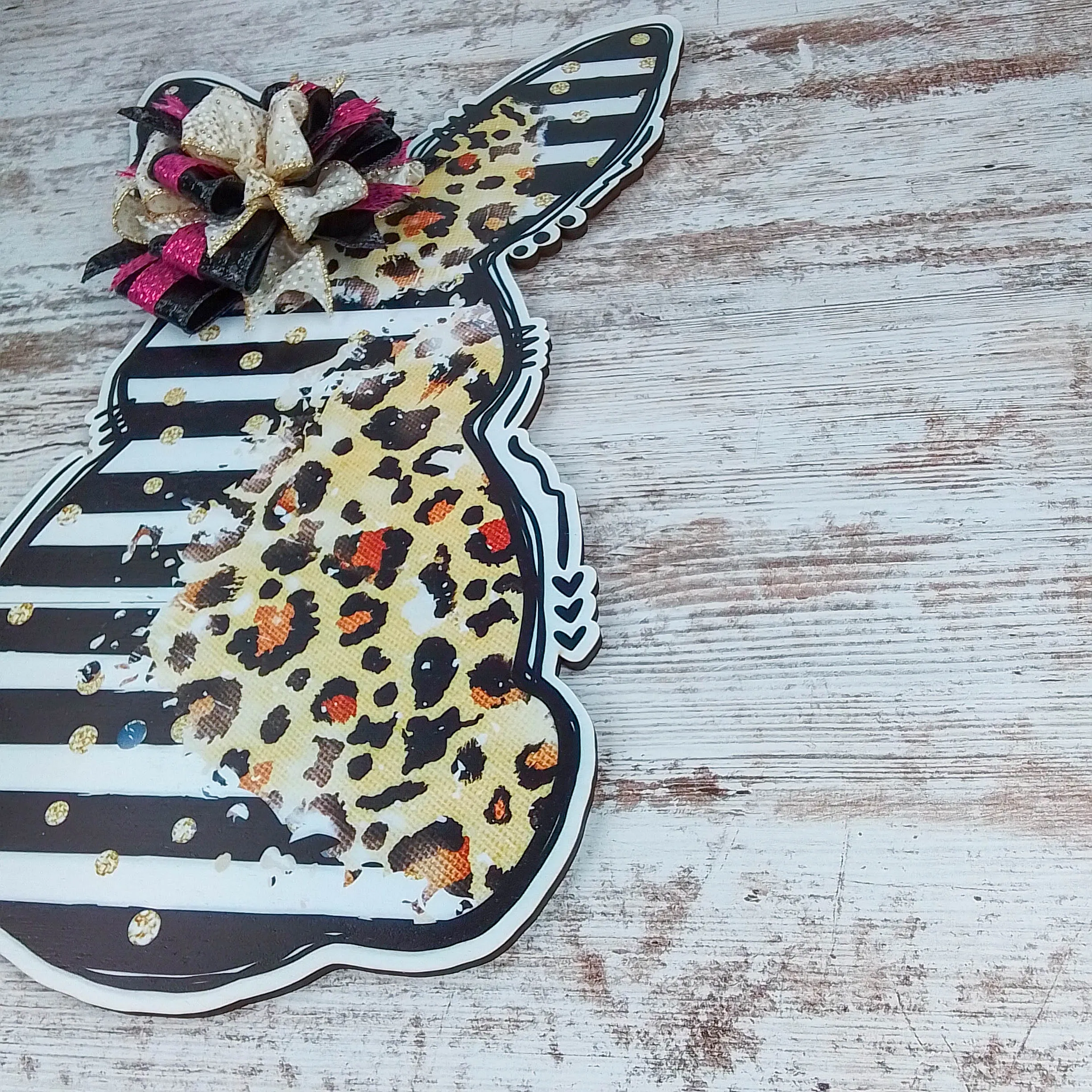 Easter Bunny Door Hanger, Striped Animal Print Decor, Oversized Bow Accent