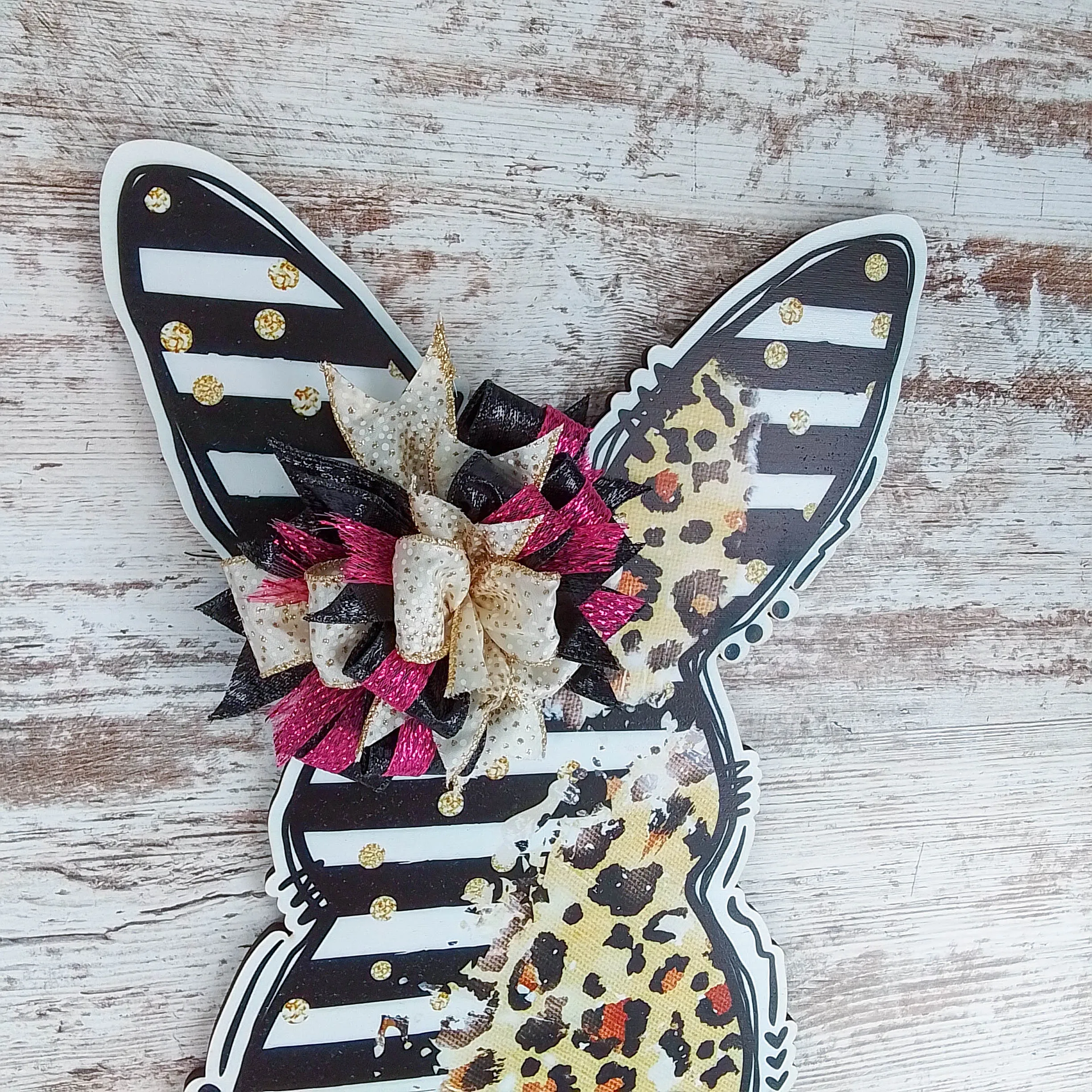Easter Bunny Door Hanger, Striped Animal Print Decor, Oversized Bow Accent