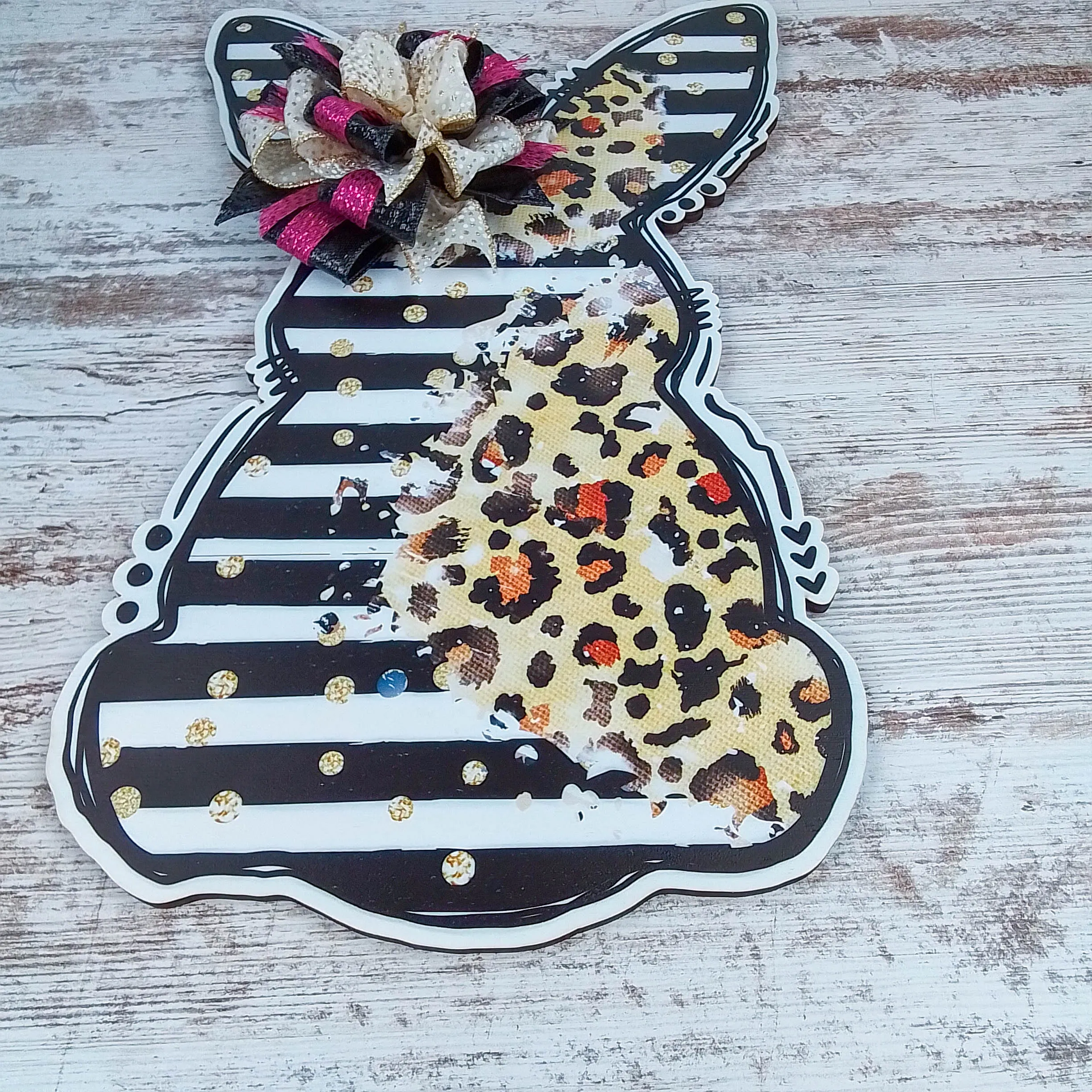 Easter Bunny Door Hanger, Striped Animal Print Decor, Oversized Bow Accent