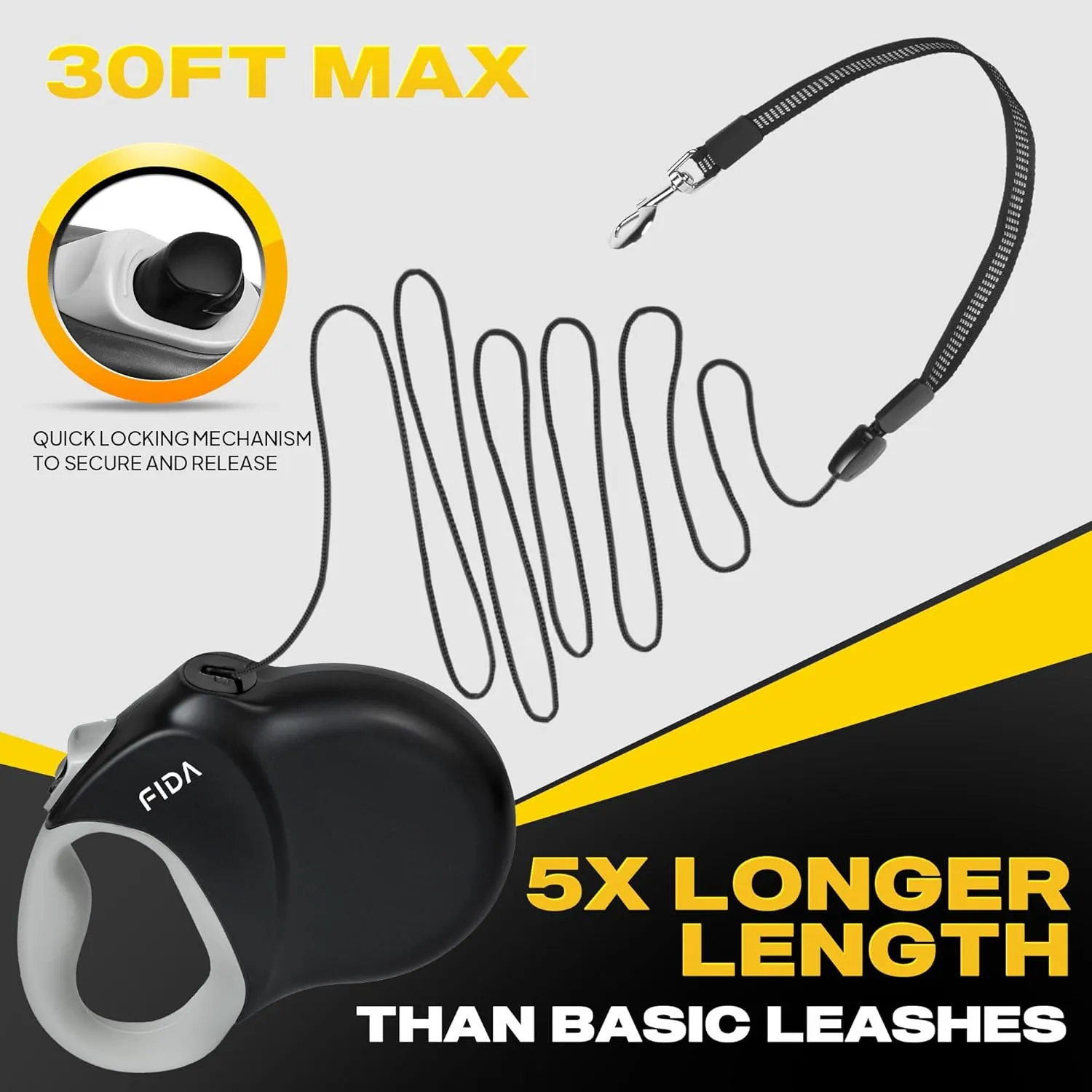 Fida Upgraded Retractable Dog Leash 30ft, Heavy Duty Pet Walking Leash for Medium/Large Breed up to 110 lbs, 360 Tangle-Free Long Retract Dog Lead, Soft Grip, One-Hand Brake, Black