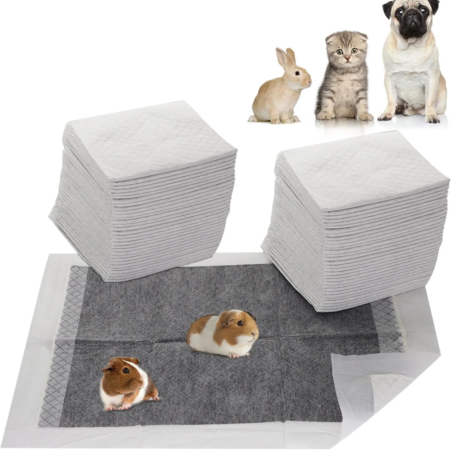 Guinea Pig Pee Pads, Disposable Rabbit Cage Liners, Charcoal Odor Controlling Absorbent Waterproof Pee Pads for Hamster, Bunny, Ferret, Chinchilla and Other Small Animals (24" x 18", 60 PCS)