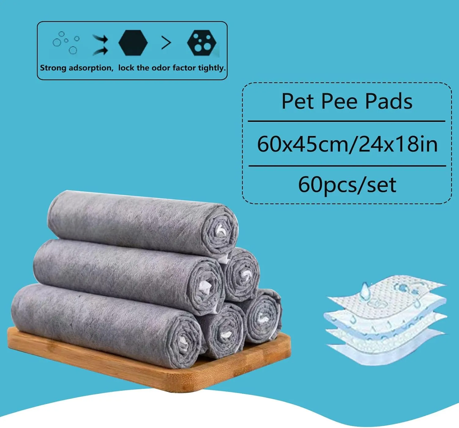 Guinea Pig Pee Pads, Disposable Rabbit Cage Liners, Charcoal Odor Controlling Absorbent Waterproof Pee Pads for Hamster, Bunny, Ferret, Chinchilla and Other Small Animals (24" x 18", 60 PCS)