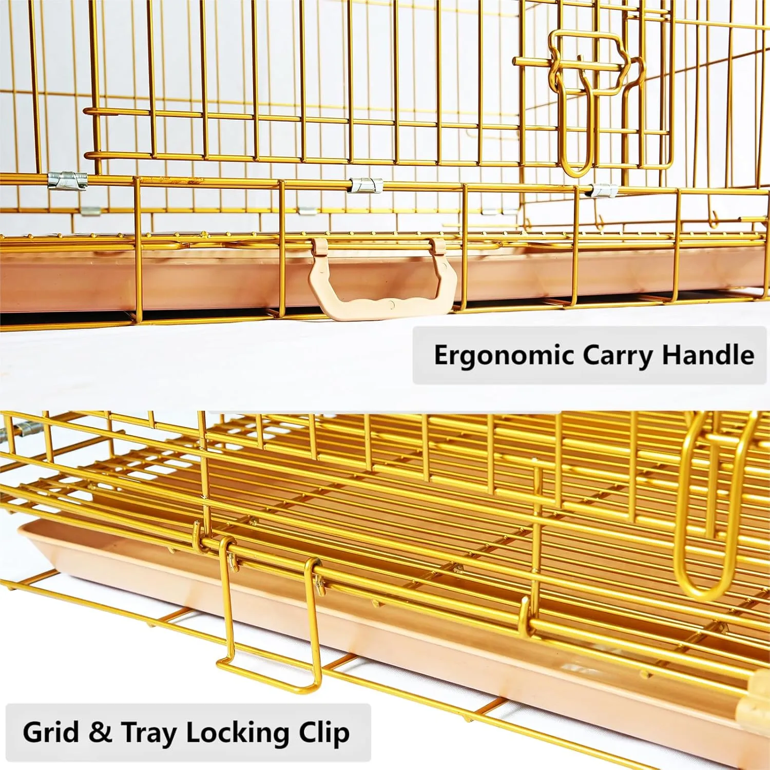 HOMEY PET Copper Gold Dog Crate 30 Inch, Portable Folding Metal Wire Dog Kennel Pet Dog Cage with Removable Floor Grid, Pull Out Pan, Double Doors, Handle for Medium-Small Breed Dogs Indoor Travel