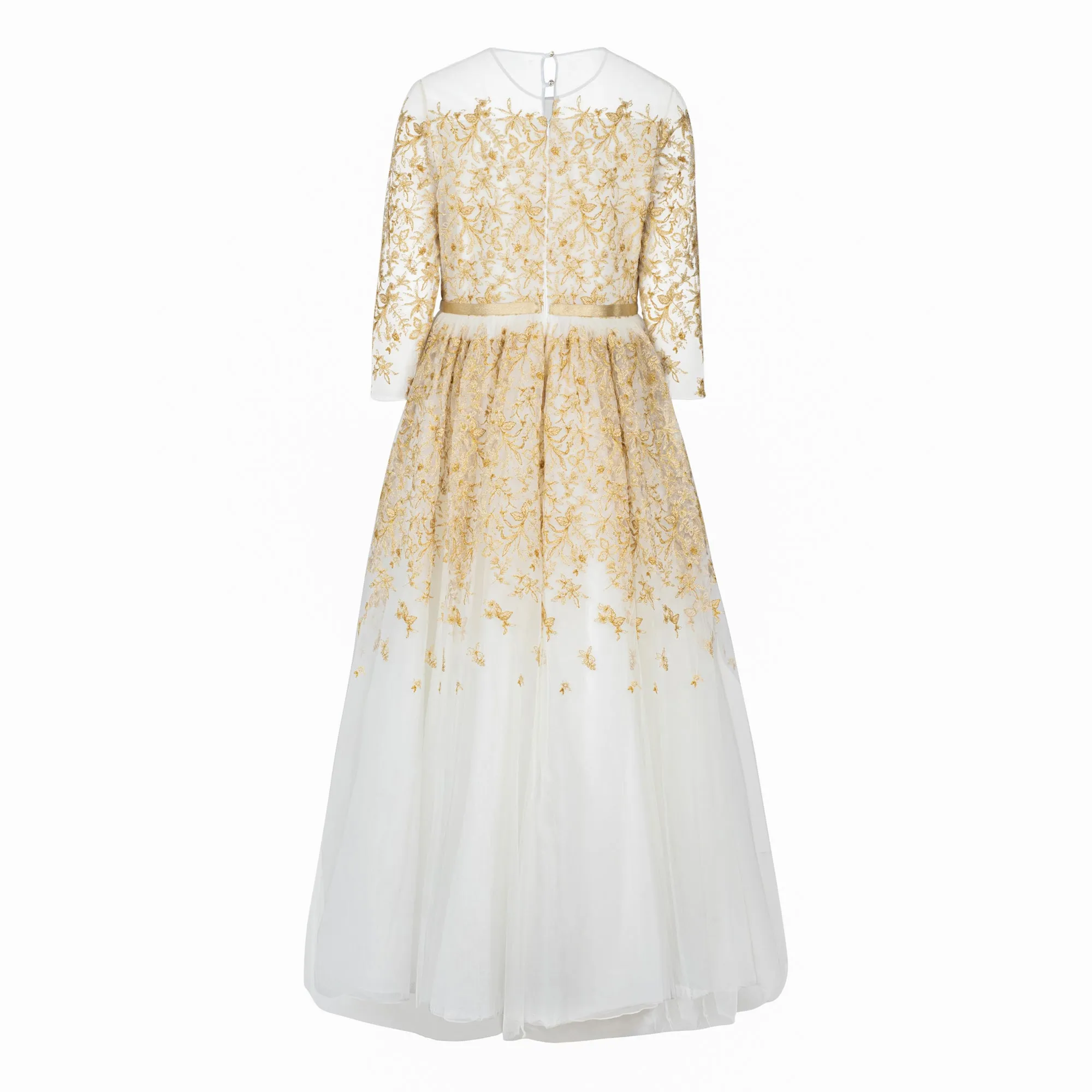 MARCHESA LONG SLEEVE TULLE GOLD EMBOIDERED RIBBON DETAIL-70% OFF FINAL SALE