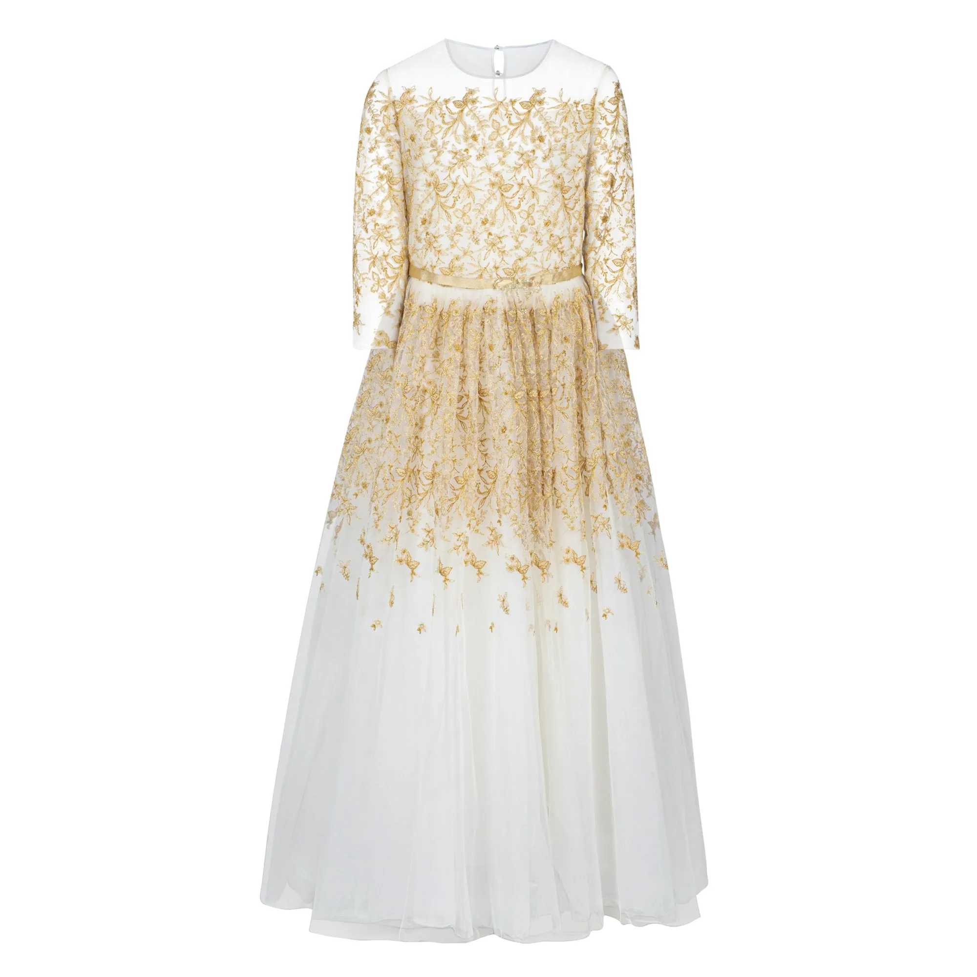 MARCHESA LONG SLEEVE TULLE GOLD EMBOIDERED RIBBON DETAIL-70% OFF FINAL SALE
