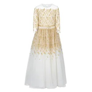 MARCHESA LONG SLEEVE TULLE GOLD EMBOIDERED RIBBON DETAIL-70% OFF FINAL SALE
