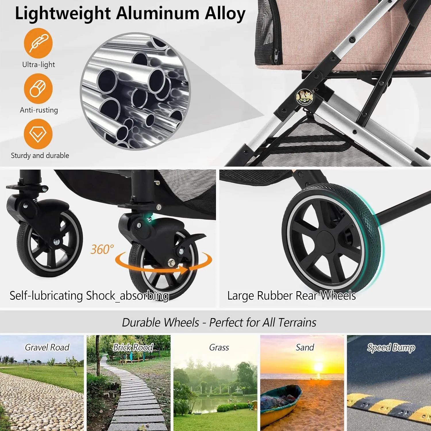 Medium Dog Stroller, Kenyone Pet Stroller for Medium Dogs Up to 55lbs, Lightweight Aluminum Frame, One Click Folding, Large Cat Stroller with No Zip Entry, Detachable Mesh, Multiple Pockets
