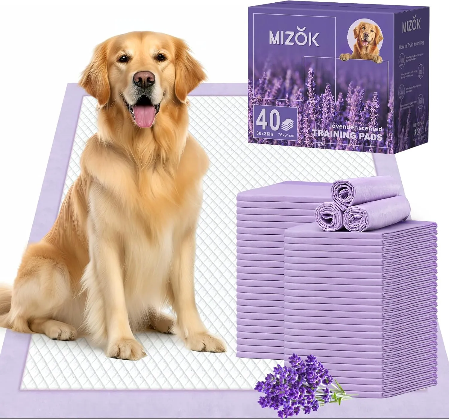 MIZOK Puppy Pads 30x36in Dog Pee Pads Lavender Scented Odor-Control, Training Pads for Dogs Super Absorbent Up to 10 Cups, Puppy Pads XL with 6-Layer Leak-Proof Quick-Dry Purple (40 Counts)